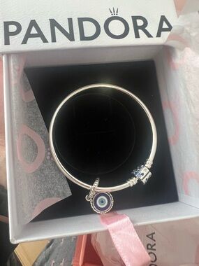 Pandora Evil Eye Dangle charm with Sparkling Barrel Clasp Bangle sterling silver
